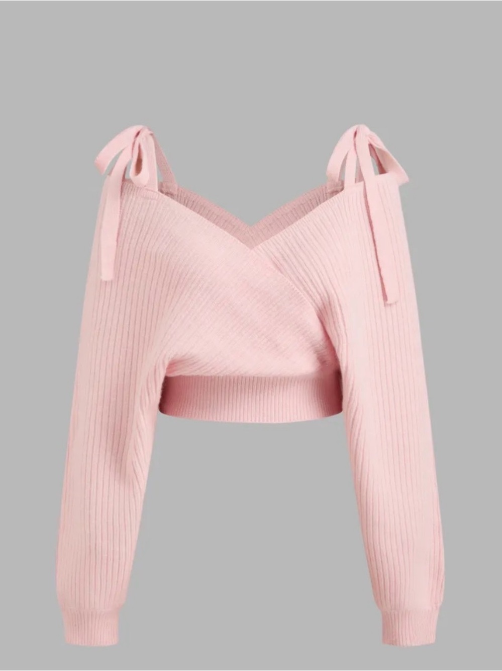 Cider Pink Ribbed V-Neck Tie-Shoulder Cropped Sweater